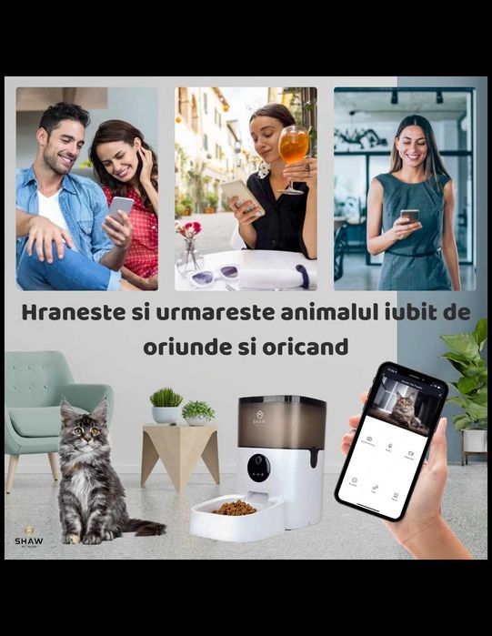 SHAW Pet Feeder Hranitor automat dispenser hrana Smart pentru caini pisici camera video infrarosu aplicatie programabil 4L