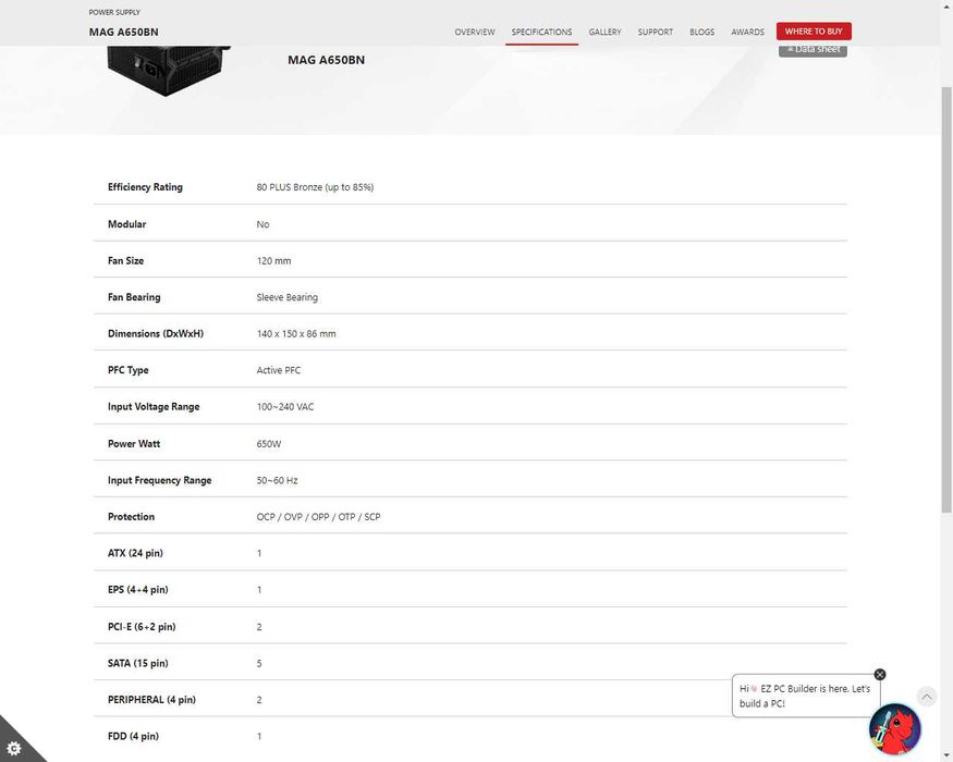 Blok pitaniya MSI MAG A650BN 650 W 80 PLUS BRONZE A750BN 750W 80+BRONZ