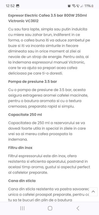 Espressor cafea Victronic VC3612, 800 W, 3.5 bar, 250 ml