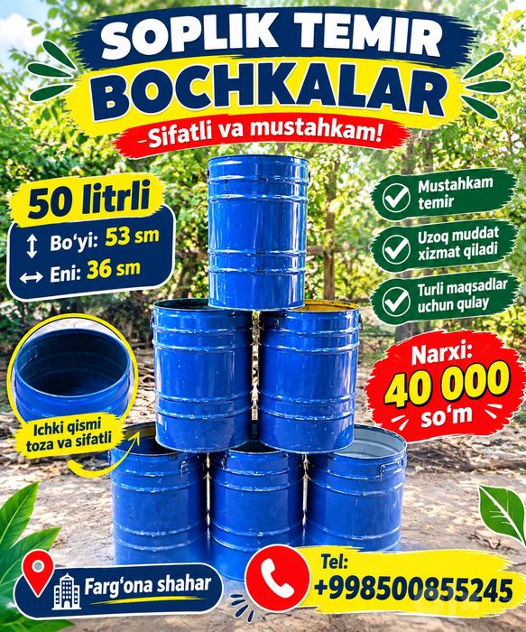 50 litrli boʻchkalar sotiladi