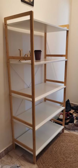 Бяла етажерка с бамбук, 5 нива