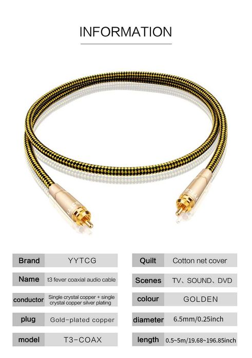 Cablu audio HIFI RCA 0,75 m, 6N Single crystal copper silver plating