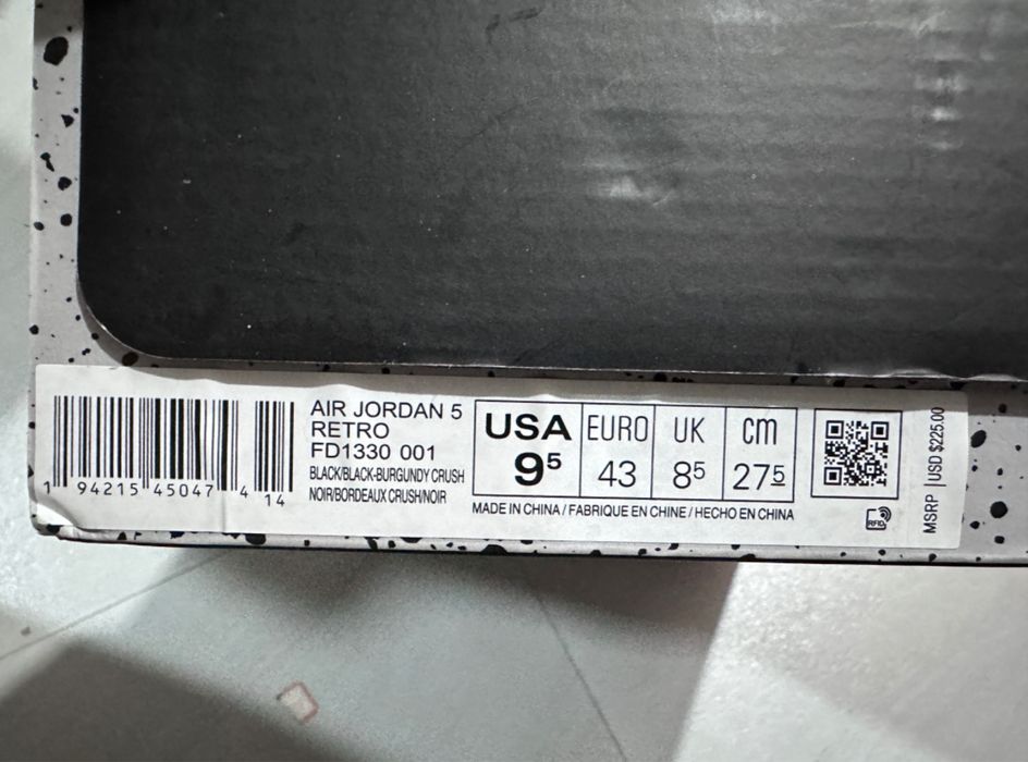 Jordan 5 Retro Bordeaux Noir Black – Noi – Size 45