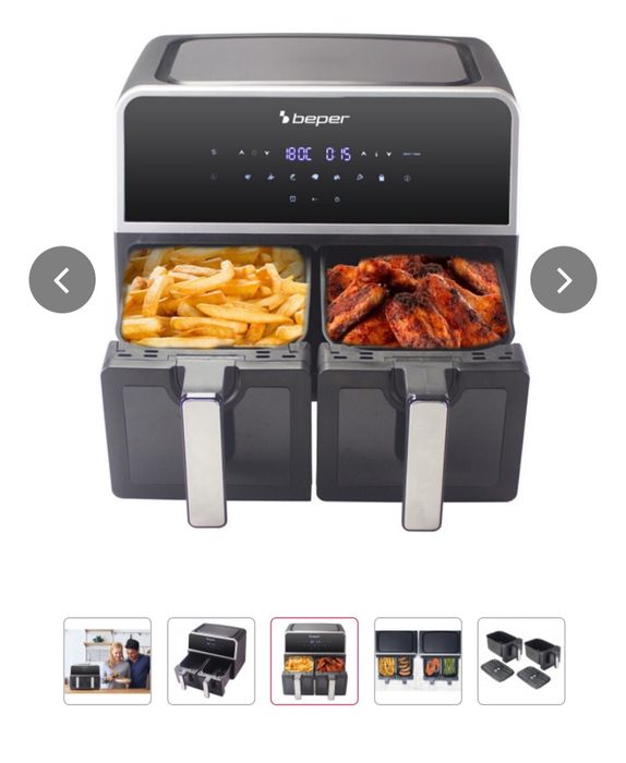 Фритюрник с горещ въздух Beper P101FRI090, 9L, Две кошници, 7 програми, Отложен старт, Сив/черен