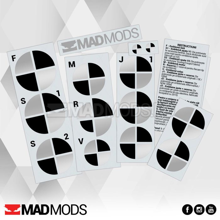 Set Stickere Embleme Negru cu Gri BMW Seria 1 2 3 4 5 6 7 8 X i M