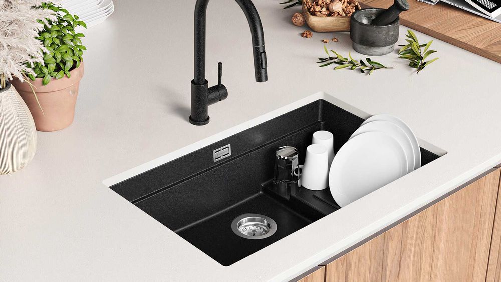 Графит гранитна мивка за монтаж под плот Прага 80 Step Level 560 x 470