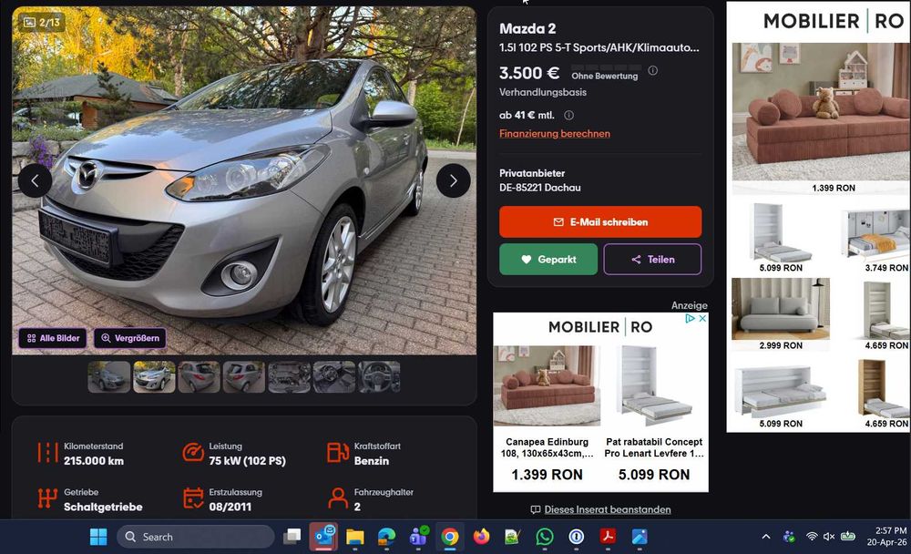 Mazda 2 1.5 Sport 102 cai MZR 2011 carlig remorcare, scaune incalzite, senzori RAR efectuat