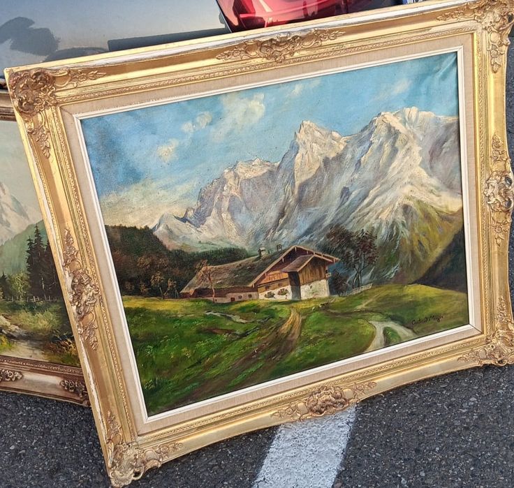 Ulei pe pânză peisaj montan o lucrare veche semnată încadrata Intr o rama Blondel di