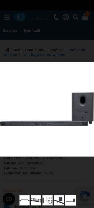 Soundbar JBL BAR 1000, 7.1.4, 880W, Dolby Atmos, Multibeam, DTS:X, Wi-Fi, Airplay, Negru [JBLBAR1000PROBLKEP]