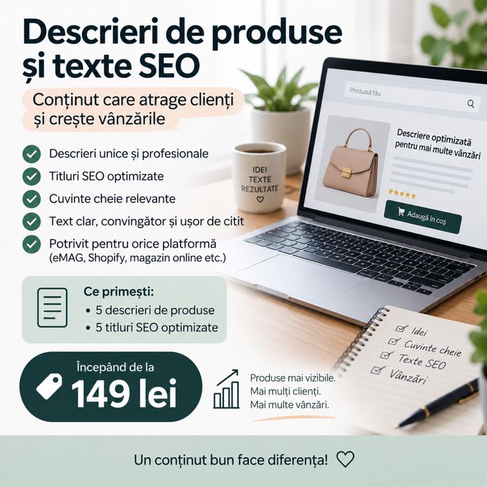 Scriu descrieri de produse și texte SEO.
