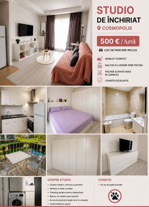 Închiriez studio Cosmopolis complet utilat inclus loc de parcare