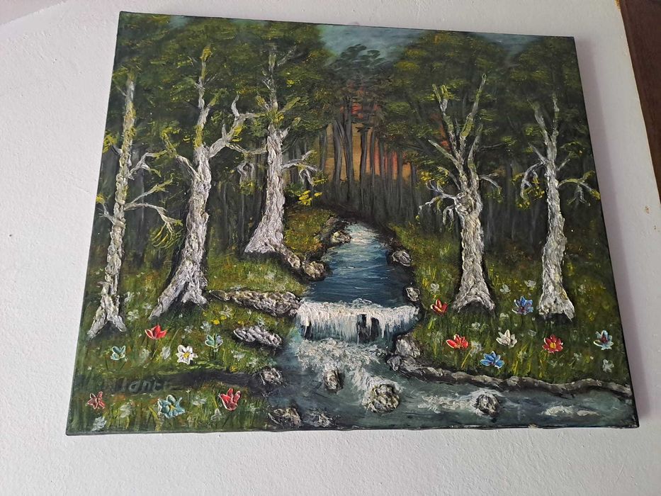 Peisaj de pădure 3D – râu montan la apus, pictură handmade
