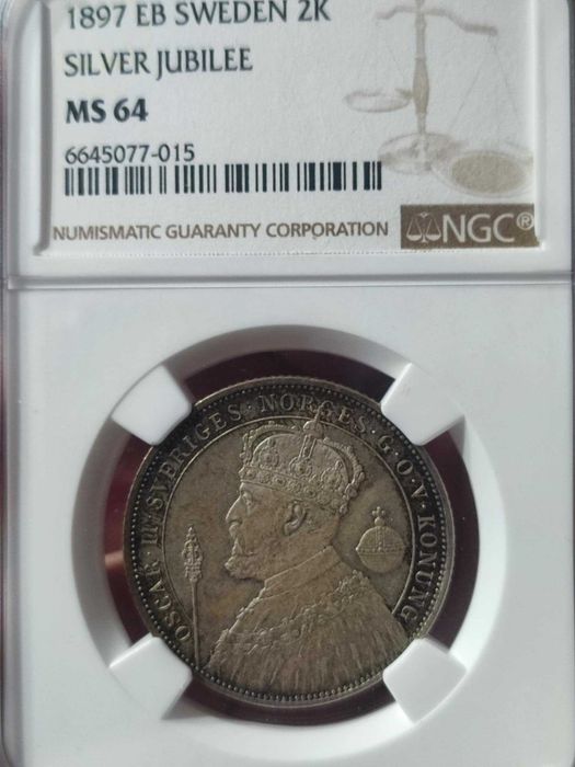 2 крони 1897 г. Швеция, NGC MS 64 (сребро)