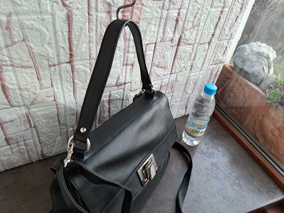 дамска чанта,черна кожена торба-естествена кожа