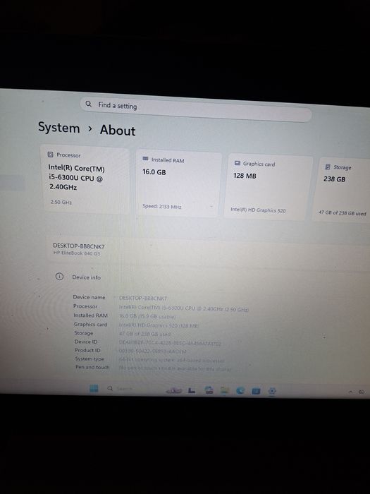 Laptop HP i5, 16 gb ram, SSD 256 gb