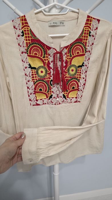 Bluza dama bej cu model etnic, ESQ, bumbac 80%, marimea M
