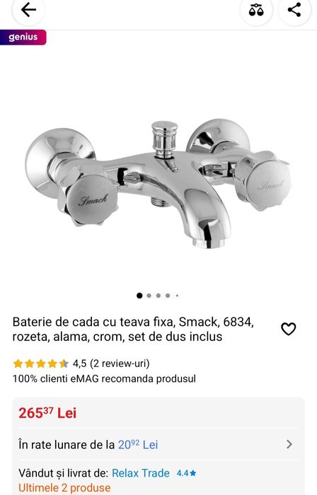 Vand baterie cada dus monocomanda +  Smack Eurocube inox nou nouta