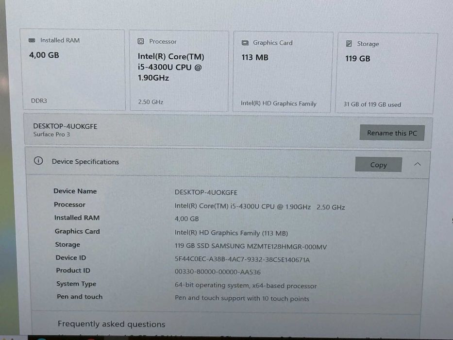 Microsoft Surface Pro 4 i5-4300U/4RAM/128SSD/Intel HD/2K QHD Touch