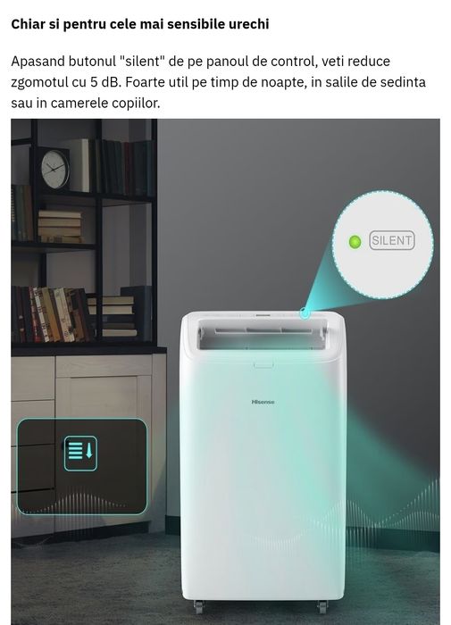 Aer conditionat portabil HISENSE APC12QC, 12000 BTU, A, Wi-Fi, Functie Dezumidificare, kit instalare inclus, alb
