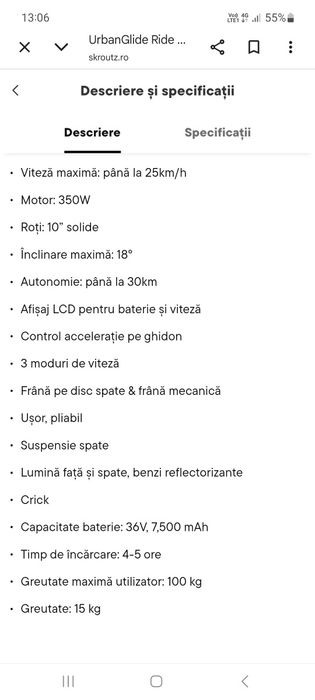 Vand trotineta electrica UrbanGlide Ride 100XS in stare buna de functionare!!