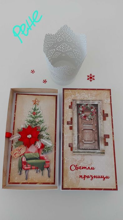 Елегантни коледни картички в кутия с обемни цветя, ръчно изработени