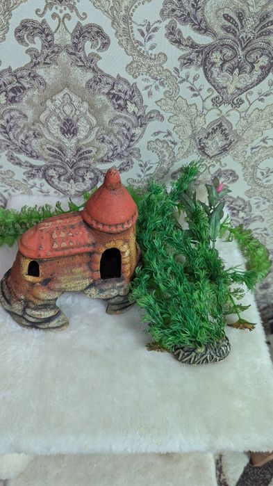 Декор для аквариума домик, растения 3шт