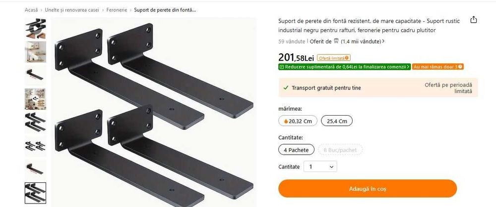 Suport polite, metalice pentru rafturi 15,20 sau 35x4cm, set de 2