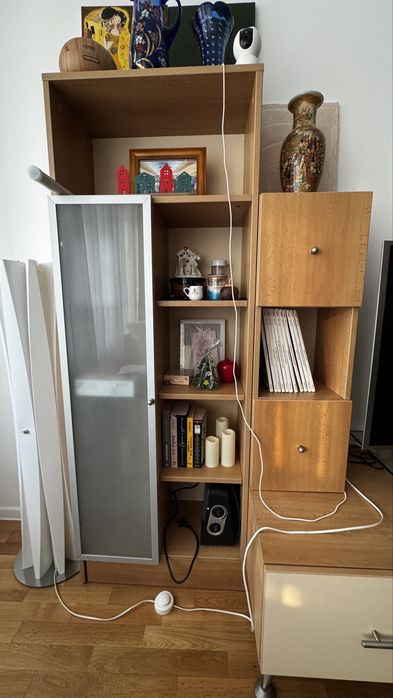 Секция за телевизор с рафт от дърво, метал и стъкло