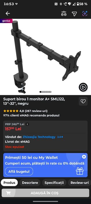 Suport Monitor+Monitor Gaming curbat LED VA DELL S2721HGF, 27", Full HD, 144Hz, NVIDIA G-Sync, negru