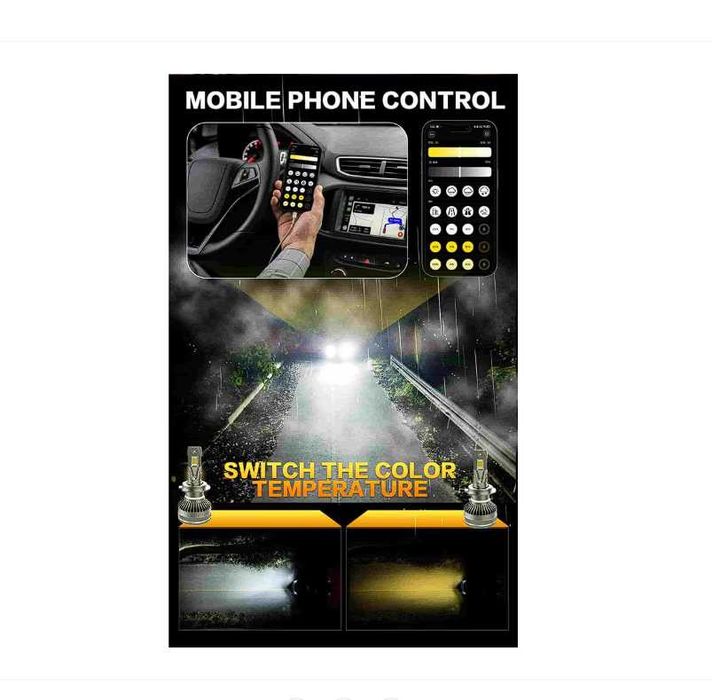 Set 2 Becuri LED H7 , 210W, 27.000LM, 3000k-6000k, Control App