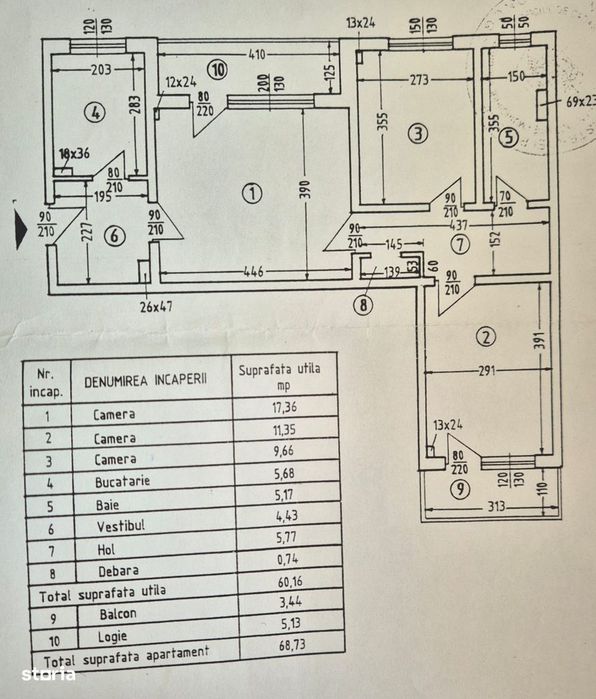Apartament 3 camere -68.73mp-12 minute de mers pana la metrou  Dristor