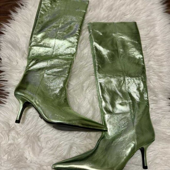 Cizme din piele naturală Zara metalice verde 36