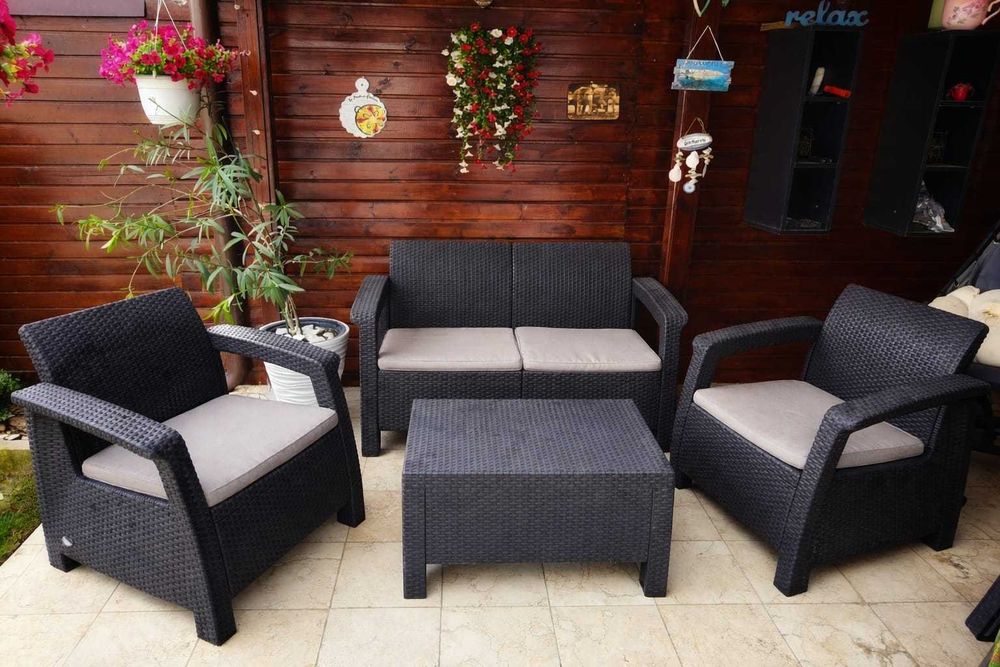 Mobilier gradina, canapea, perne, 2 fotolii, masa dreptunghiulara