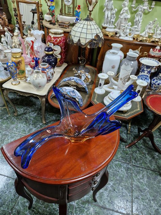 Уникална голяма антикварна италианска кристална фруктиера Мурано