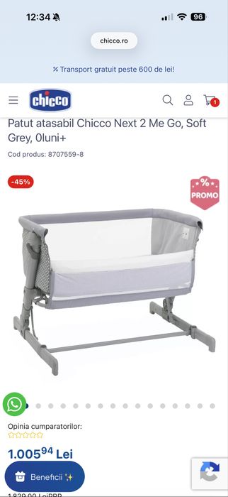 Patut atasabil Chicco Next 2 Me Go, Soft Grey, 0luni+