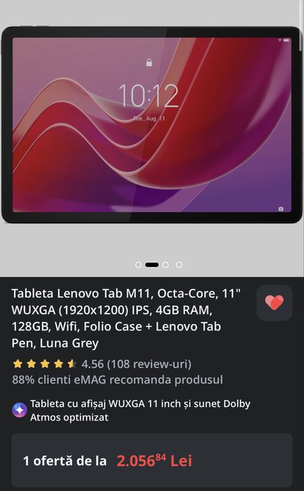 Vand : Tabletă Lenovo Tab M11, 128Gb, Wifi, + Creion+ Husă