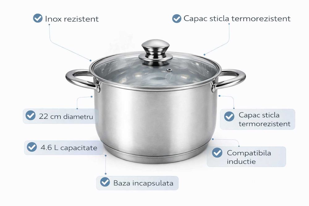 Oala inox Swiss Z Line ZSC-1220 20 cm cu capac sticla 3.5 L