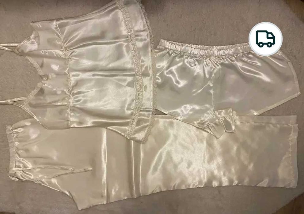 Set 3 piese, lenjerie satin alb, top, pantaloni lung, scurt, nou, S
