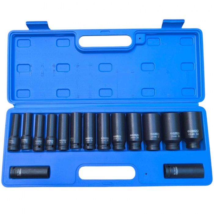 НЕМСКИ Комплект Ударни Вложки 1/2″ Удължени 15 части HAWEK + ЛЕД ФЕНЕР