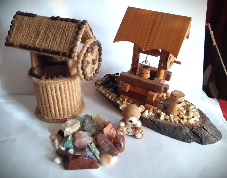 2 fântâni decorative, artizanale, vechi + pietre semiprețioase