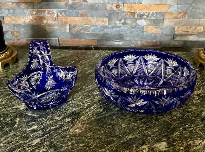 Superbe-centru de masa-cosulet decorativ-cristal Bohemia-Nachtmann-albastru cobalt-tehnica manuala-Germania