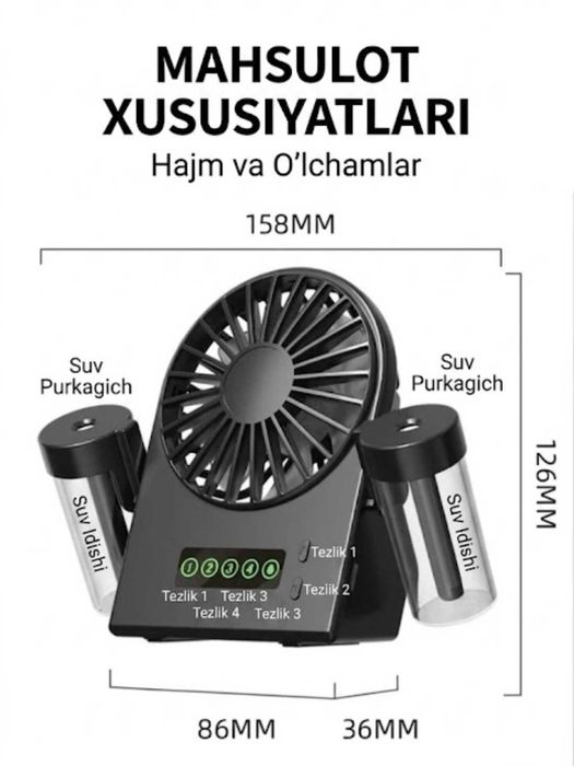 Mini qo'l ventilyatori suv purkagichi bilan