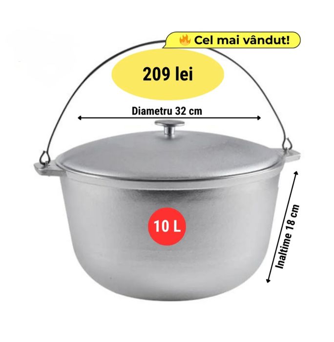 Ceaun aluminiu alimentar cu capac 16.5 litri fund plat gros D36cm H22c