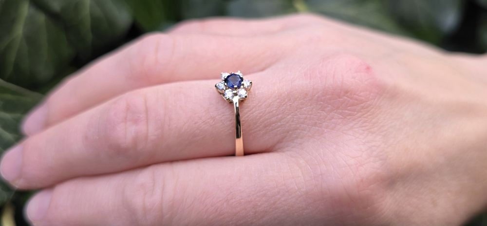 Inel de lodgonă aur galben 14K cu safir și diamante naturale