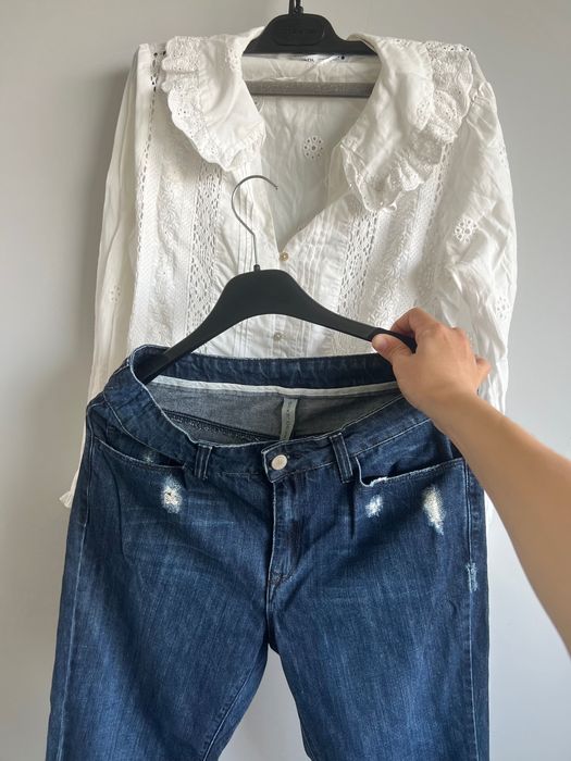 Сет/комплект памучна риза с бродерии Zara, дънки Mango Premium памучни и подарък сладка нова лятна лимонено жълта чанта