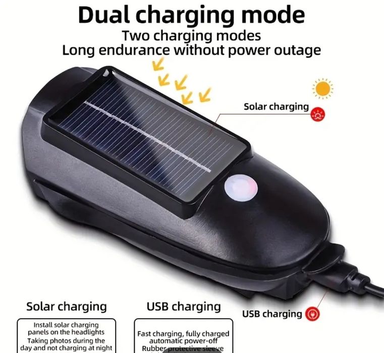 Комплект соларен LED фар с клаксон за велосипед колело  мощна светлина