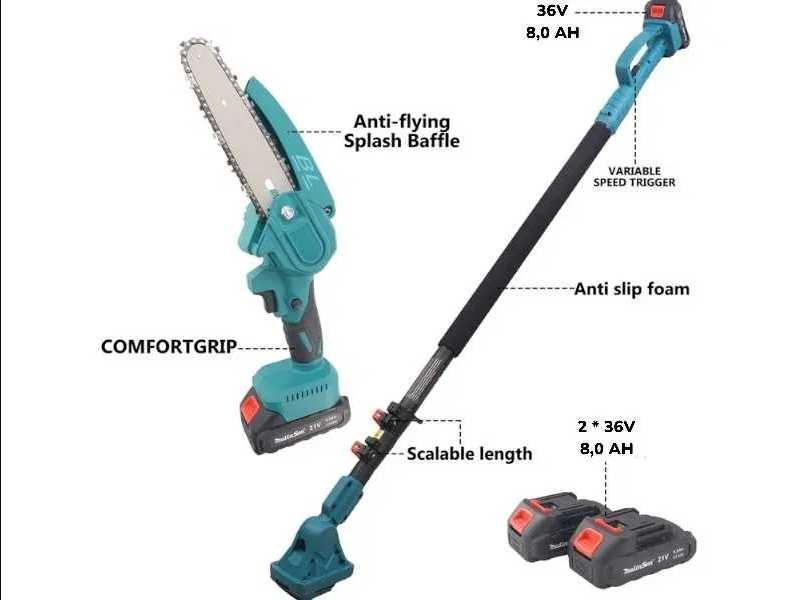 3в1 Градински Комплект Телескопичен Прът Акумулаторна Ножица и Резачка