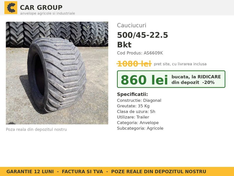Anvelope Cauciucuri 500/45-22.5 500 45 22.5 50045225 500 45-22.5 Bkt Tractor Utilaje Agricole Diagonal SH Second Hand ANVELOPE Garantie 1 An Factura