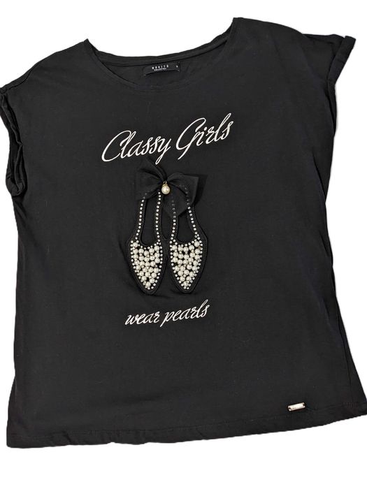 Tricou Mohito, negru cu imprimeu și perle, mărimea S, nou