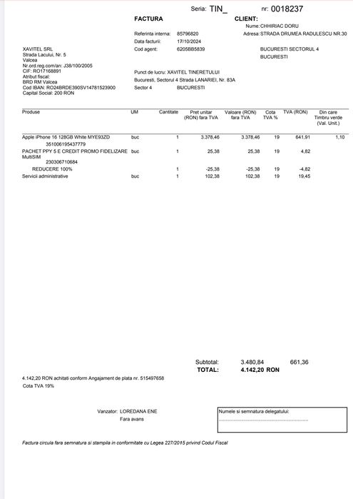iPhone 16 cu factură